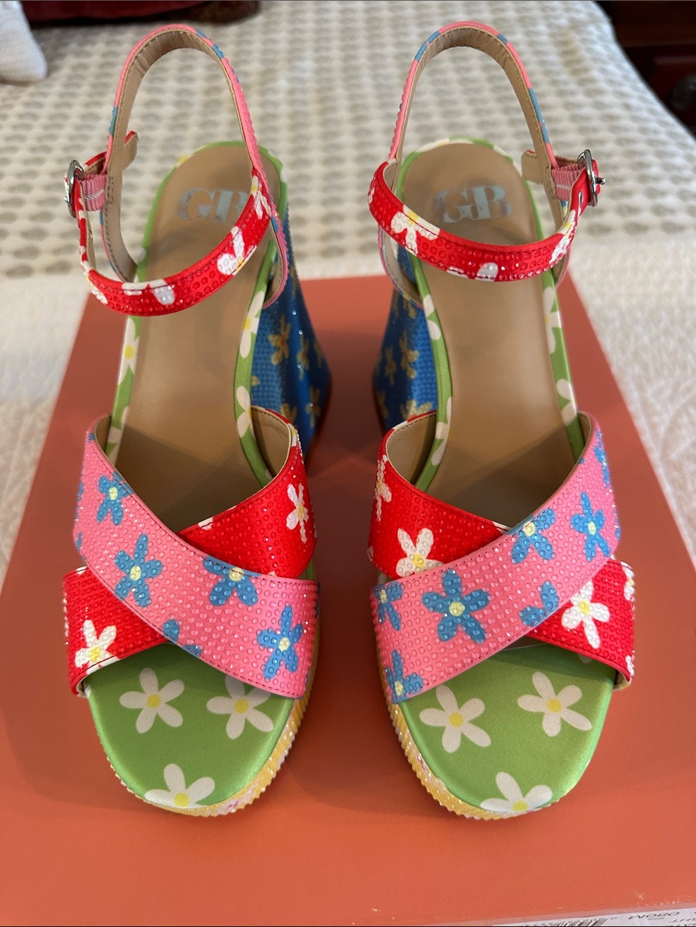 Colorful Floral Wedge Sandals - Red, Pink & Green